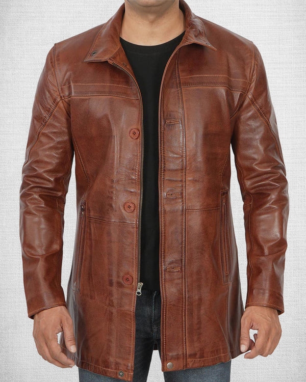 Stylish Brown Leather Car Coat