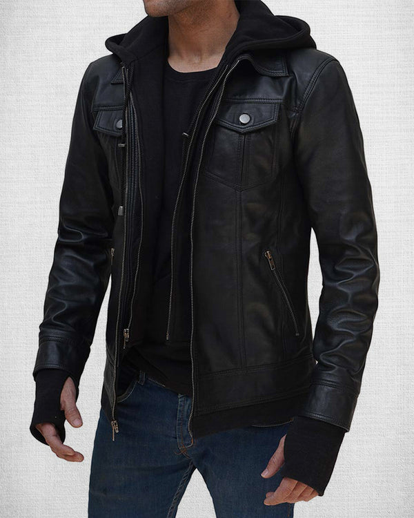 Stylish Black Leather Bomber Jacket with Removable Hood