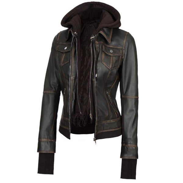 Black Genuine Lambskin Leather Hooded Bomber Jacket by TJS