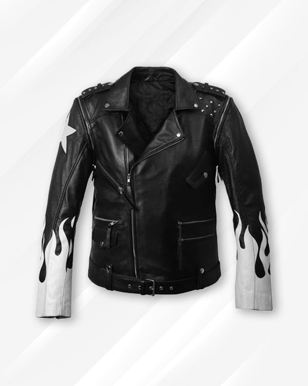 Sleek Black Leather Jacket with White Flames in USA market