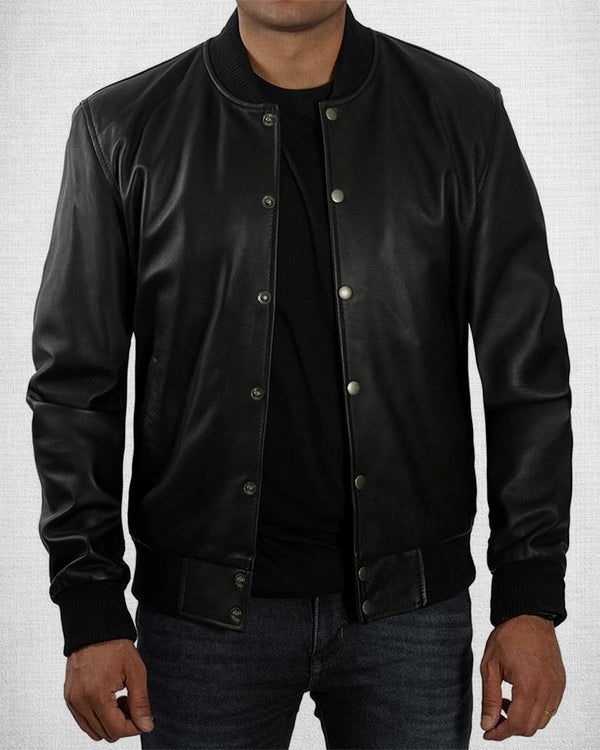 Stylish Black Leather Bomber Jacket