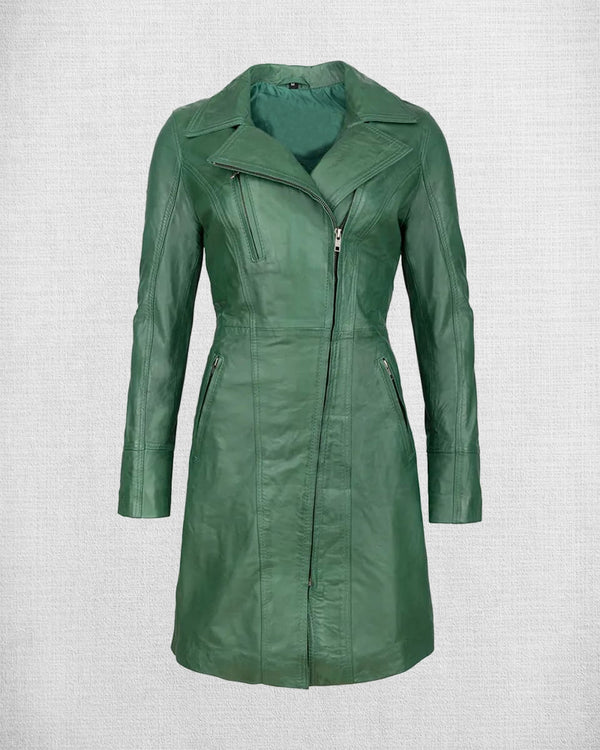 Stylish Green Leather Coat For Women