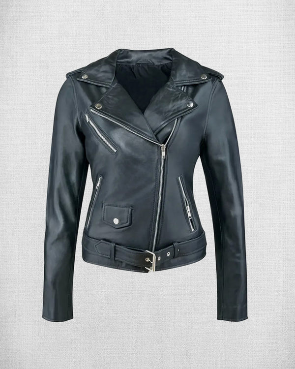 Stylish Black Leather Biker Jacket For Women