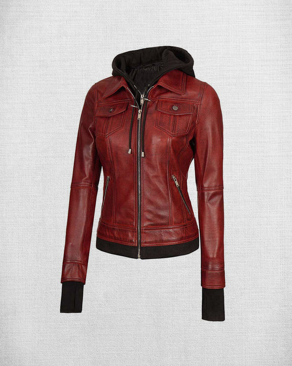 Women Stunning Red Leather Jacket with Hood