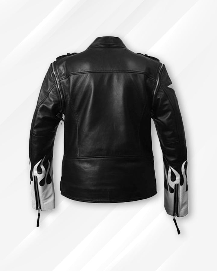 Flaming Hot Black Leather Jacket in White Accents in UK style
