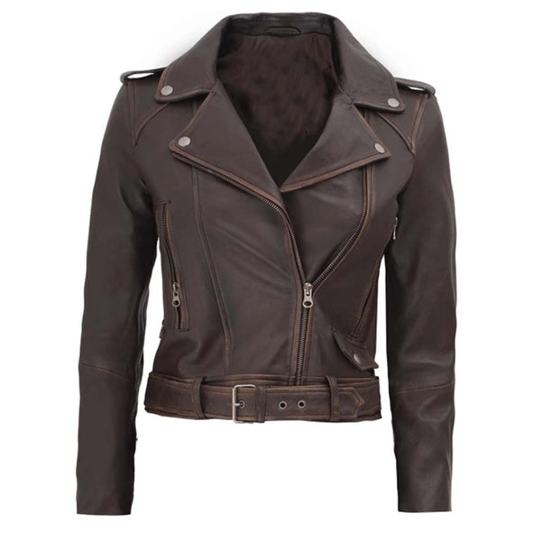 Women's Dark Brown Distressed Cropped Leather Biker Jacket