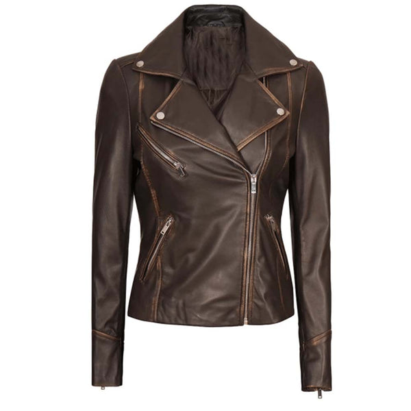 Womens Brown Vintage Leather Biker Jacket by TJS