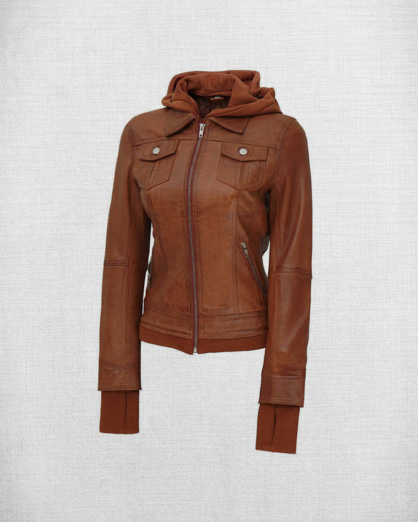Stylish Brown Leather Bomber Jacket with Hood