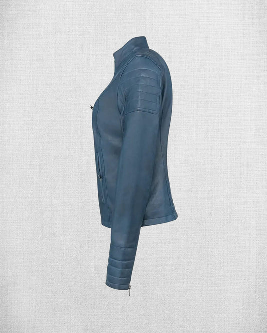 Stylish Wax Blue Leather Jacket For Women