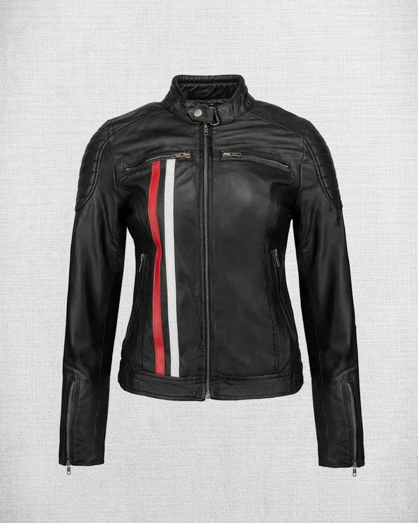 Fashionable Black Leather Biker Jacket with White and Red Stripes
