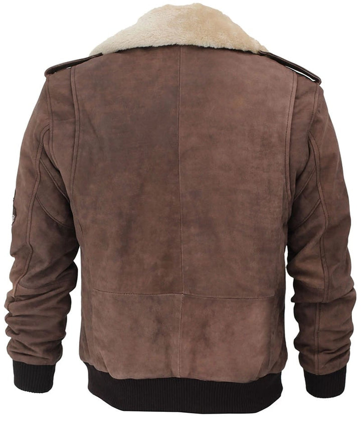 Men's Brown Suede Jacket with Shearling Collar, Military Patches in France style