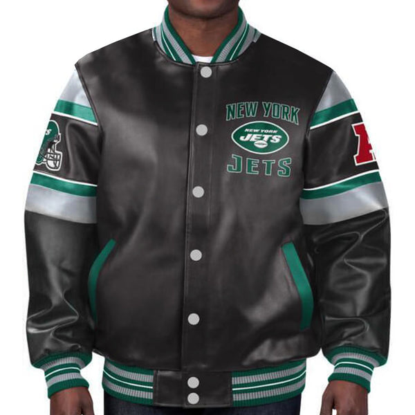 New York Jets multi-color leather jacket with team emblem in USA
