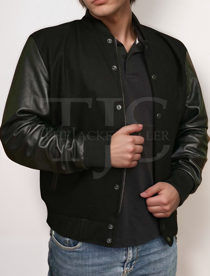 Classic men's varsity jacket with black-on-black color scheme