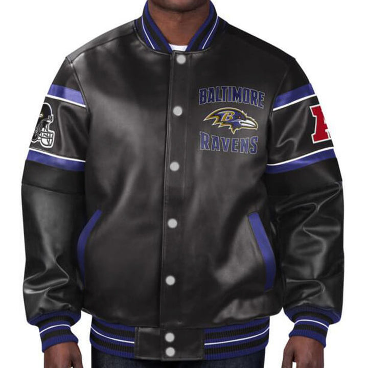 Baltimore Ravens multicolor leather jacket with team design in USA