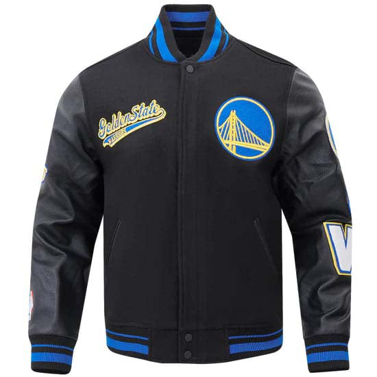 Golden State Warriors men’s ribbed wool varsity jacket, script tail logo in USA