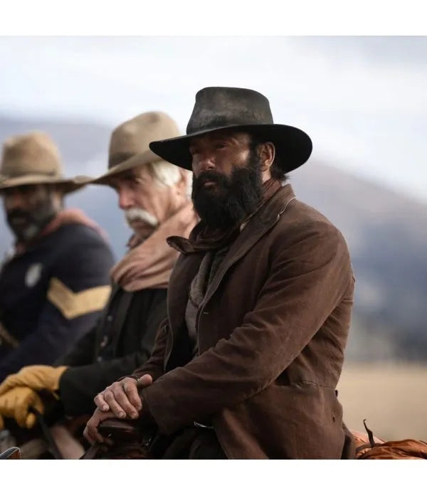 Tim McGraw 1883 brown wool coat close-up in USA