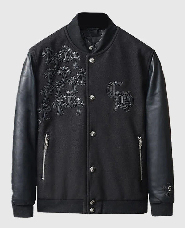 Men's Chrome Cross Letterman Bomber Black Jacket