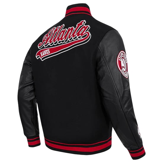 NBA Atlanta Hawks wool varsity jacket for men, script tail design in USA