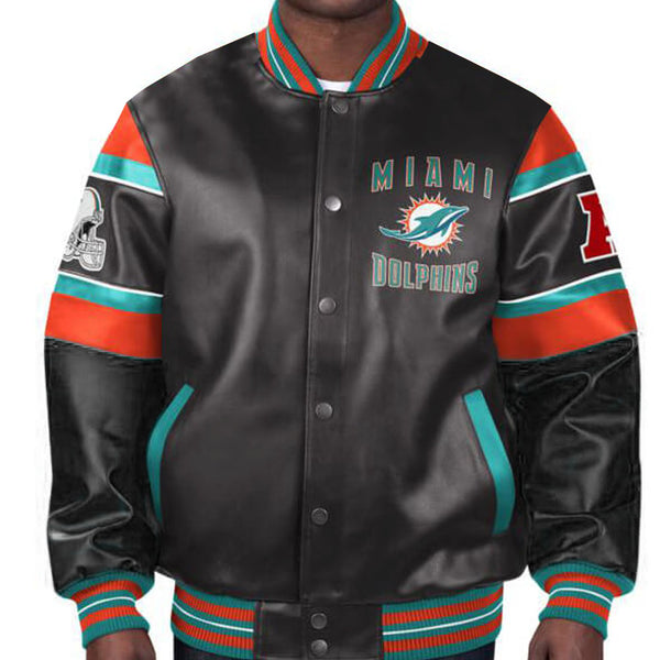 Miami Dolphins multicolor leather jacket with team design in USA
