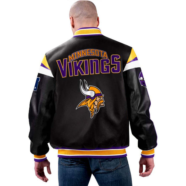 NFL Minnesota Vikings multicolor leather jacket front view in USA