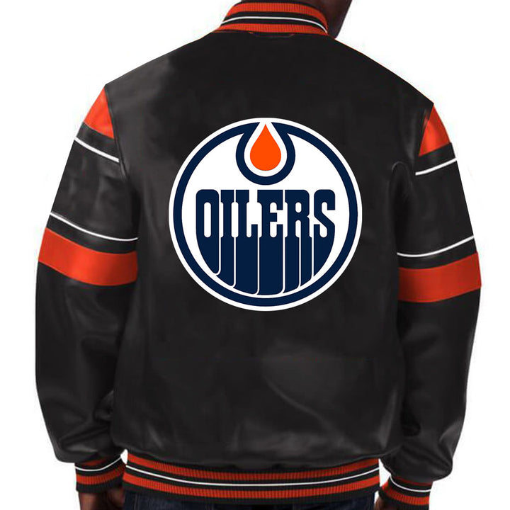 Sport this premium Edmonton Oilers leather jacket, featuring bold team colors and iconic designs for dedicated fans in France style