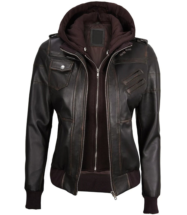 Premium Women's Dark Brown Rub Off Leather Jacket with Removable Hood in USA