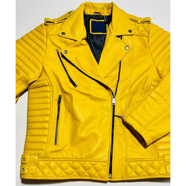 Women's Yellow Genuine Leather Biker Jacket by tjs