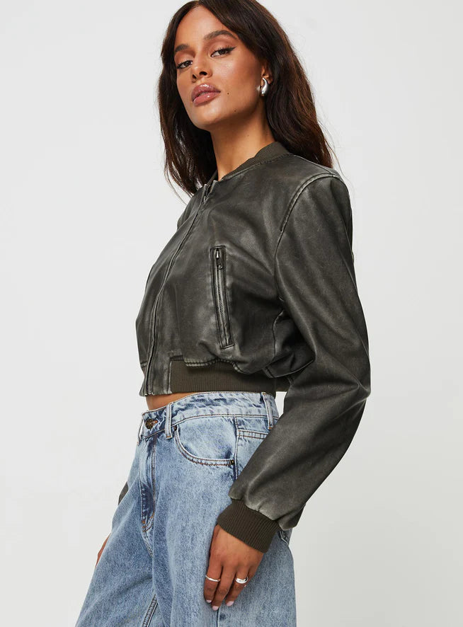 TJS Women's Charcoal Cropped Leather Jacket for Fashionable Looks in American style