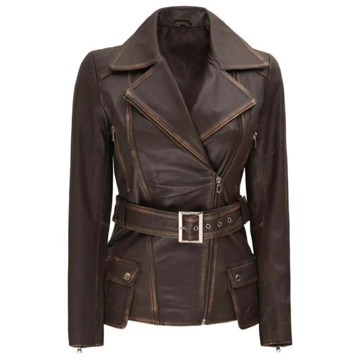 Women's asymmetrical distressed brown leather jacket in USA