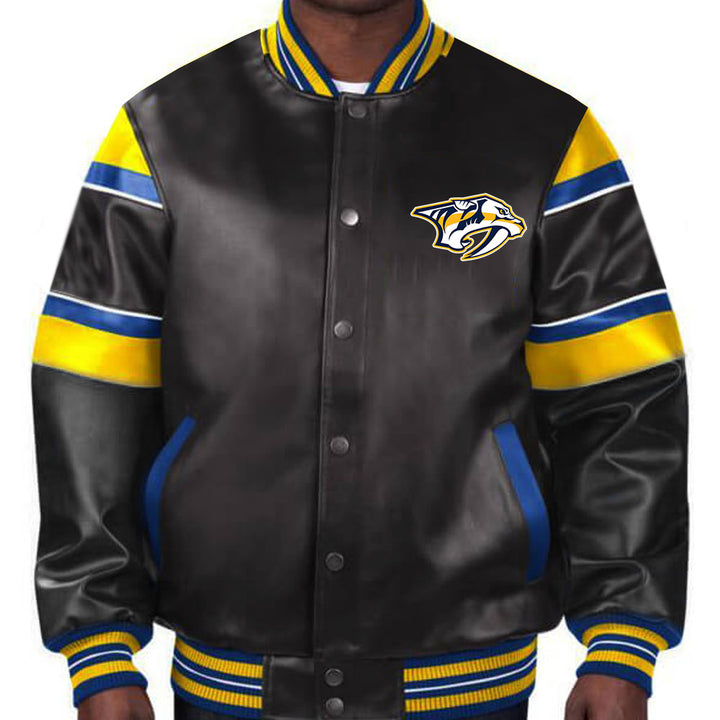 Don this sleek Nashville Predators leather jacket, a tribute to the team's predatory spirit and your unwavering support in USA