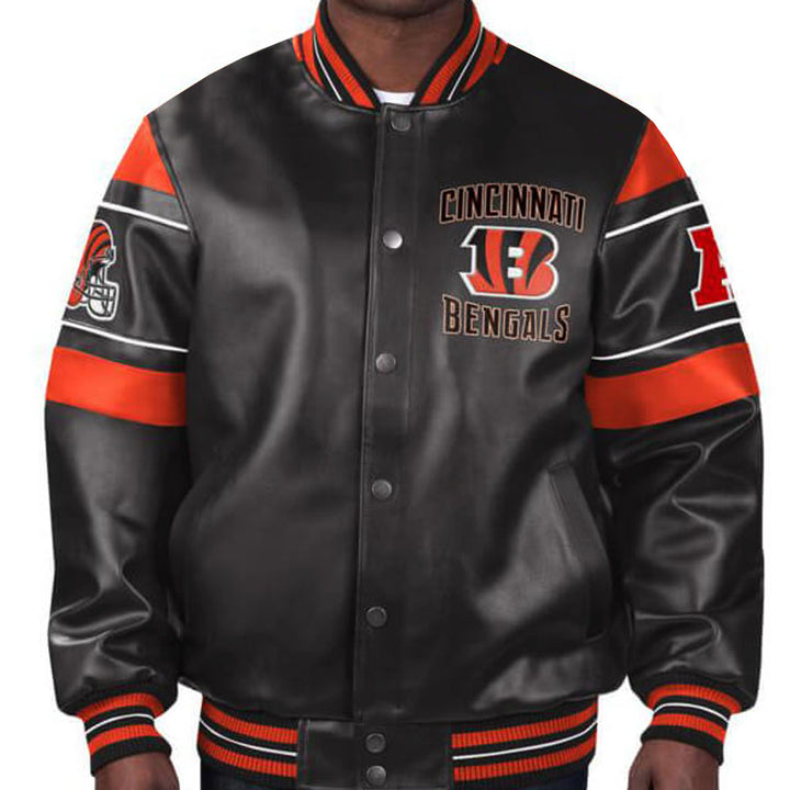 Cincinnati Bengals multicolor leather jacket with team design in USA
