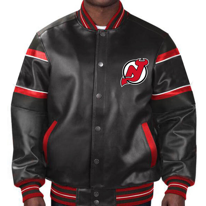 Step out in style with this Varsity Jersey Devils leather jacket, a fusion of classic varsity charm and the Devils' ice-cool legacy in USA