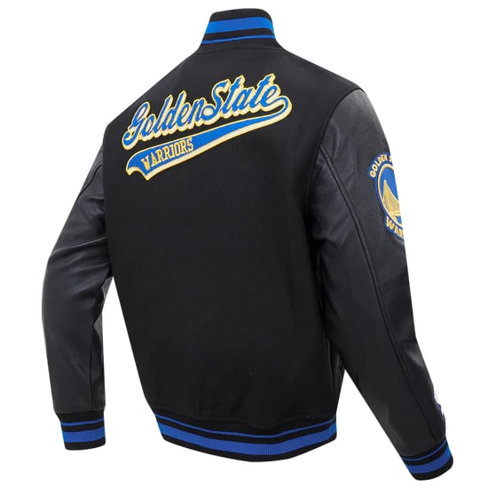 Men’s Golden State Warriors wool varsity jacket with script tail design in USA