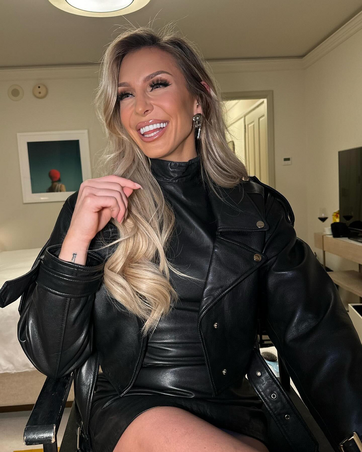 Charlotte Flair leather jacket front view in USA