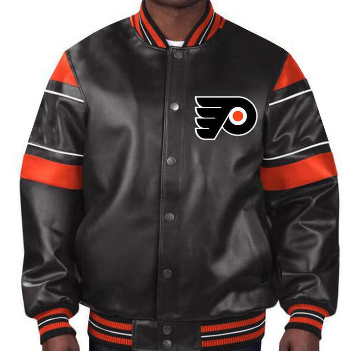 Embrace the Flyers' spirit with this premium black leather jacket, featuring bold team colors and iconic designs for dedicated fans in France style