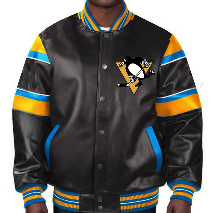 Wrap yourself in Penguins pride with this premium leather jacket featuring iconic team logos and colors in France style