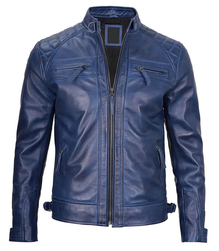 Men's Waxed Blue Leather Café Racer Biker Jacket with Zipper in United state market