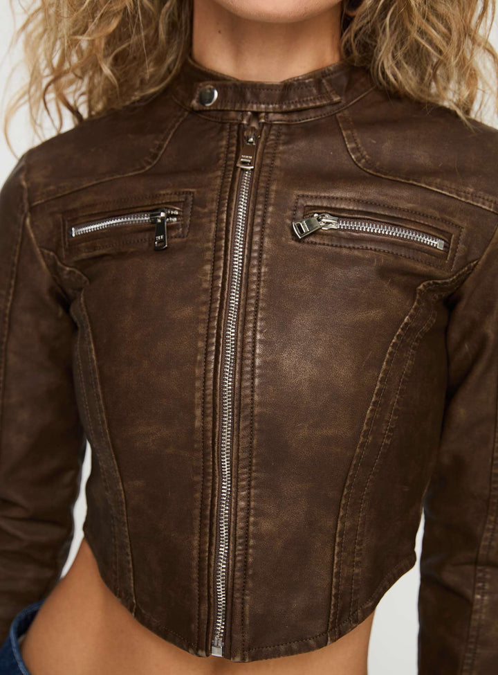 TJS Women's Premium Cropped Leather Jacket in Rich Brown Color in USA