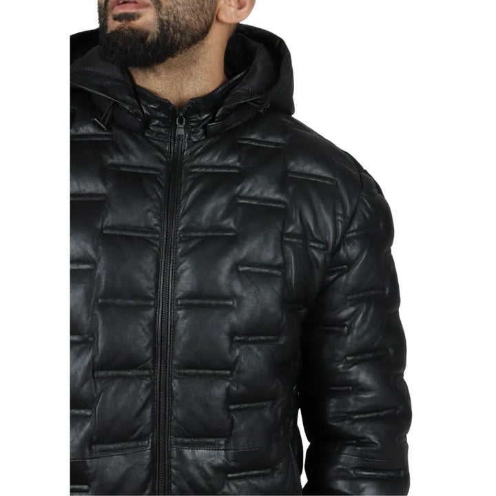 Durable genuine leather puffer jacket for colder seasons