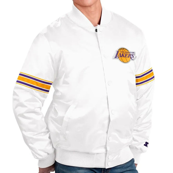 LA Lakers Forward Power White Satin Jacket Front View in USA