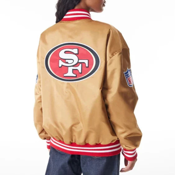 Men's beige satin bomber jacket with 49ers logo in American style