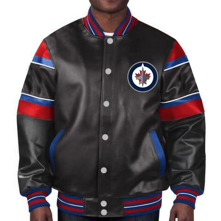 Sport this sleek Winnipeg Jets leather jacket, a tribute to the team's aviation legacy and your unwavering support for the Jets in USA