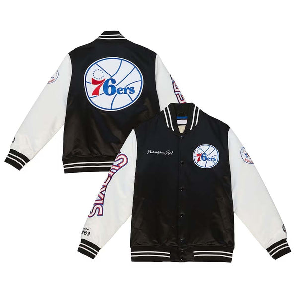 NBA Philadelphia 76ers Mitchell & Ness Team Origins Satin Full-Snap Varsity Jacket - Black by TJS