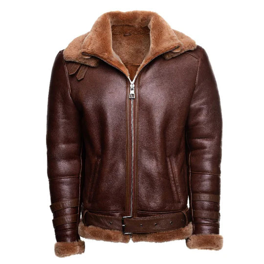 Phan's Brown Aviator bomber shearling jacket with a waist belt By TJS