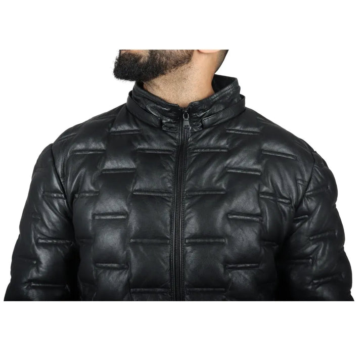 Men's stylish leather puffer jacket with insulated quilted pattern