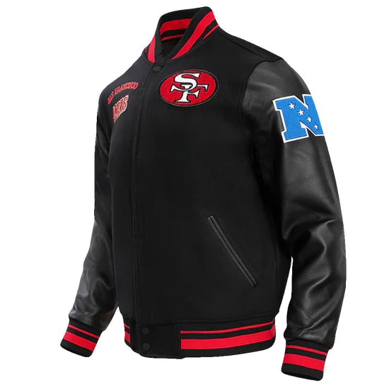 Stylish men's rib wool varsity jacket featuring 49ers logo
