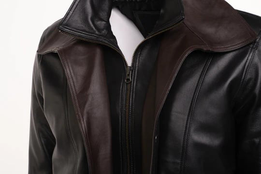 Brown and Black Leather Jacket in Aviator Style with Spread Collars in United state market