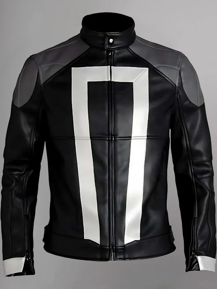 Superb black leather Ghost Rider jacket featuring wax white and silver patches on the front and cuffs.