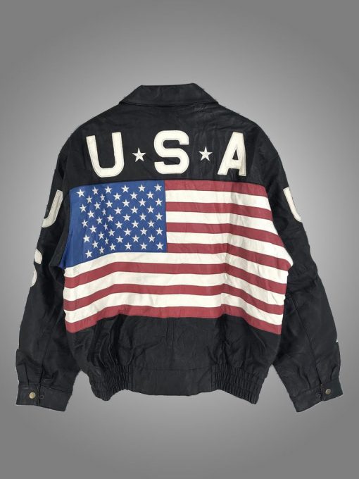 Classic black leather jacket featuring the American flag in France style