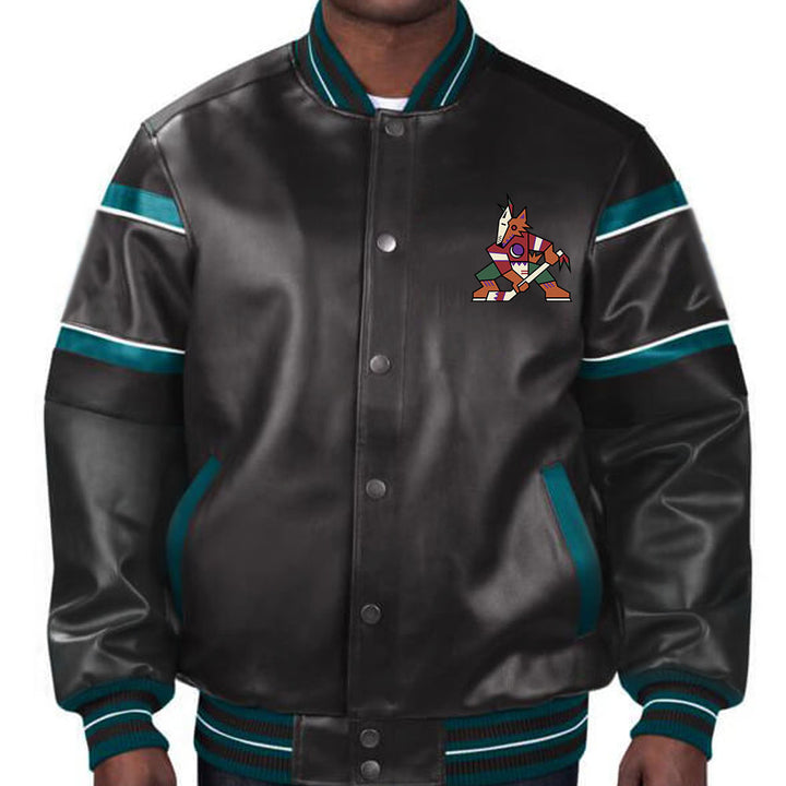Embrace the spirit of the desert with this sleek Arizona Coyotes leather jacket, echoing the team's resilience and your unwavering support in USA